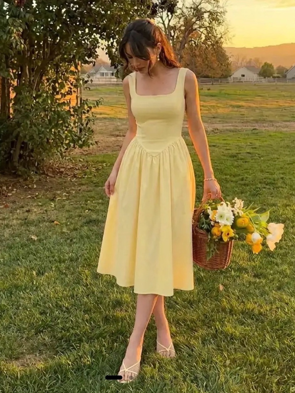 Butter Yellow Sundress Square Neck Basque Waistline Textured Linen Blend
